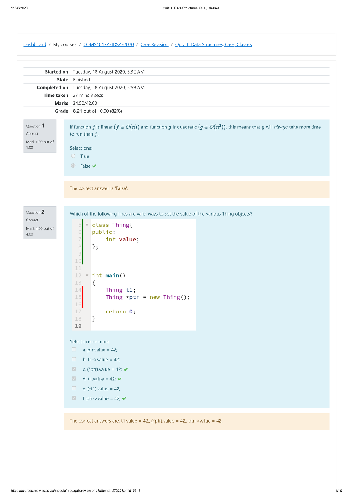 Quiz 1 Data Structures, C++, Classes 1 - Dashboard / My courses ...