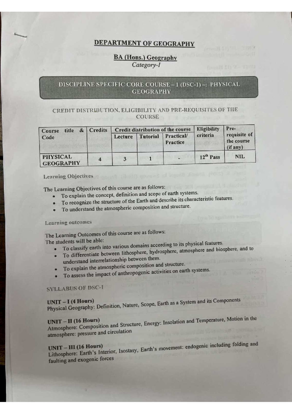 Geography syllabus (SSNC) Geography Honours Studocu