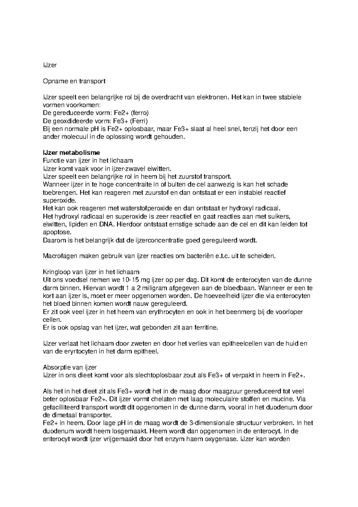 IJzer Collegeaantekeningen 14 IJzer Opname en transport IJzer