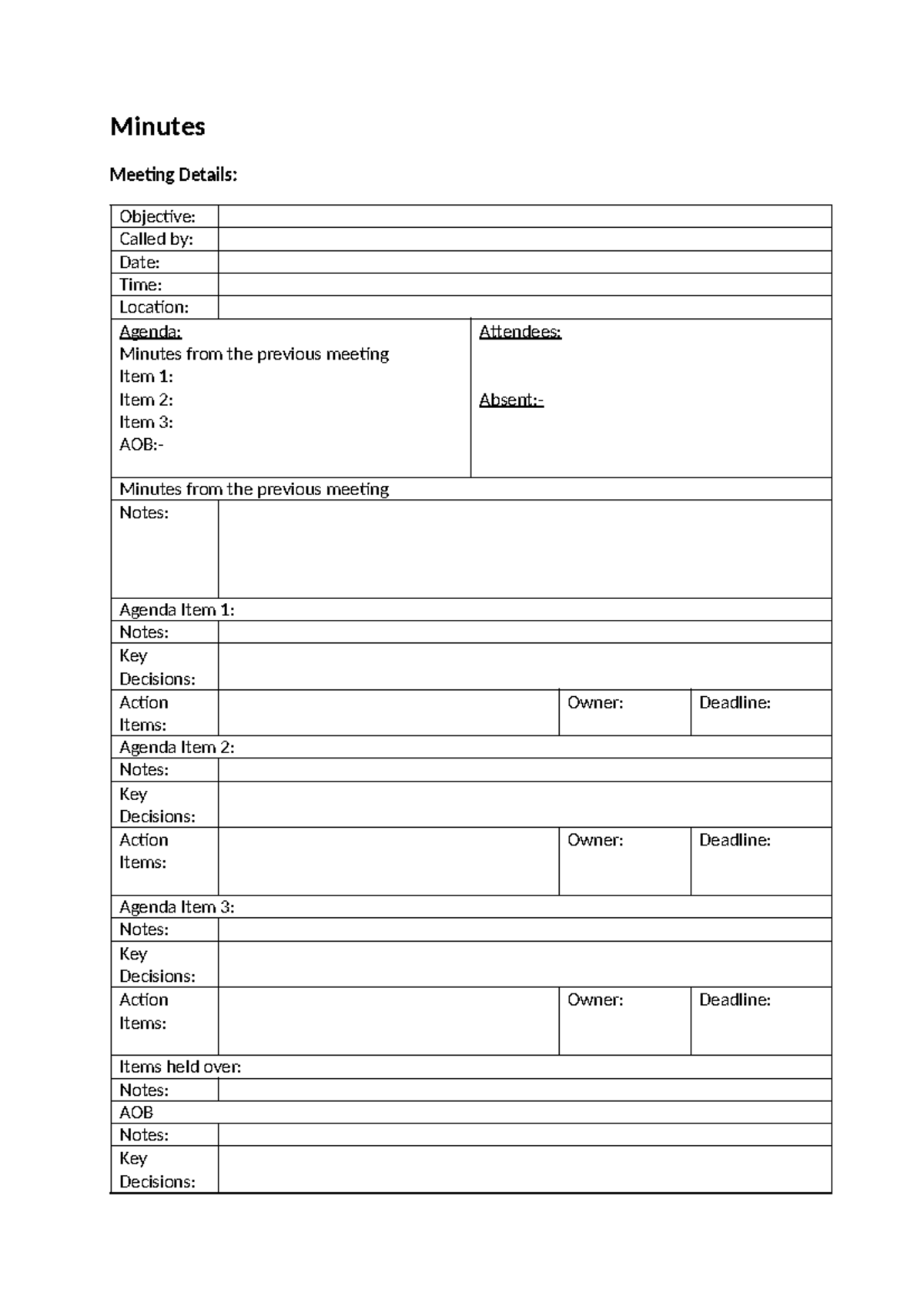 Meeting Minutes Template - Minutes Meeting Details: Objective: Called ...