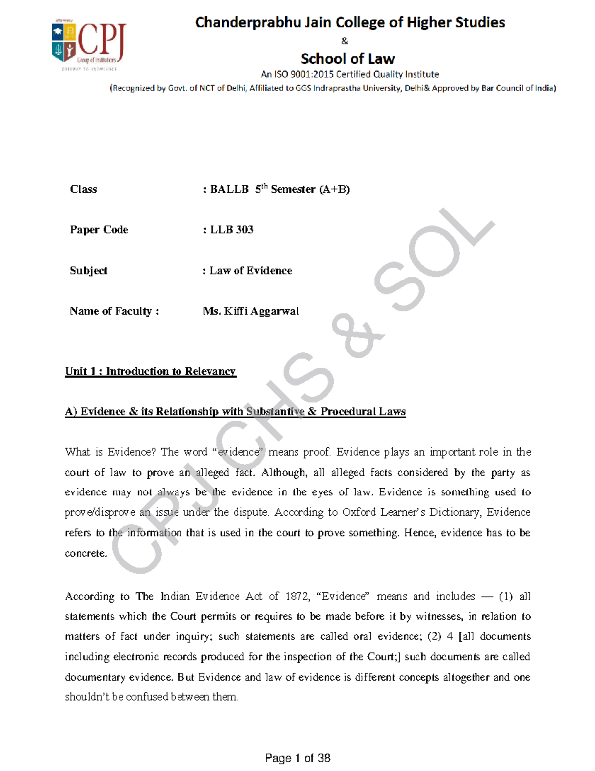 Notes Law of Evidence Unit- 1 - 1 Paper Code : LLB 303 Unit 1 ...