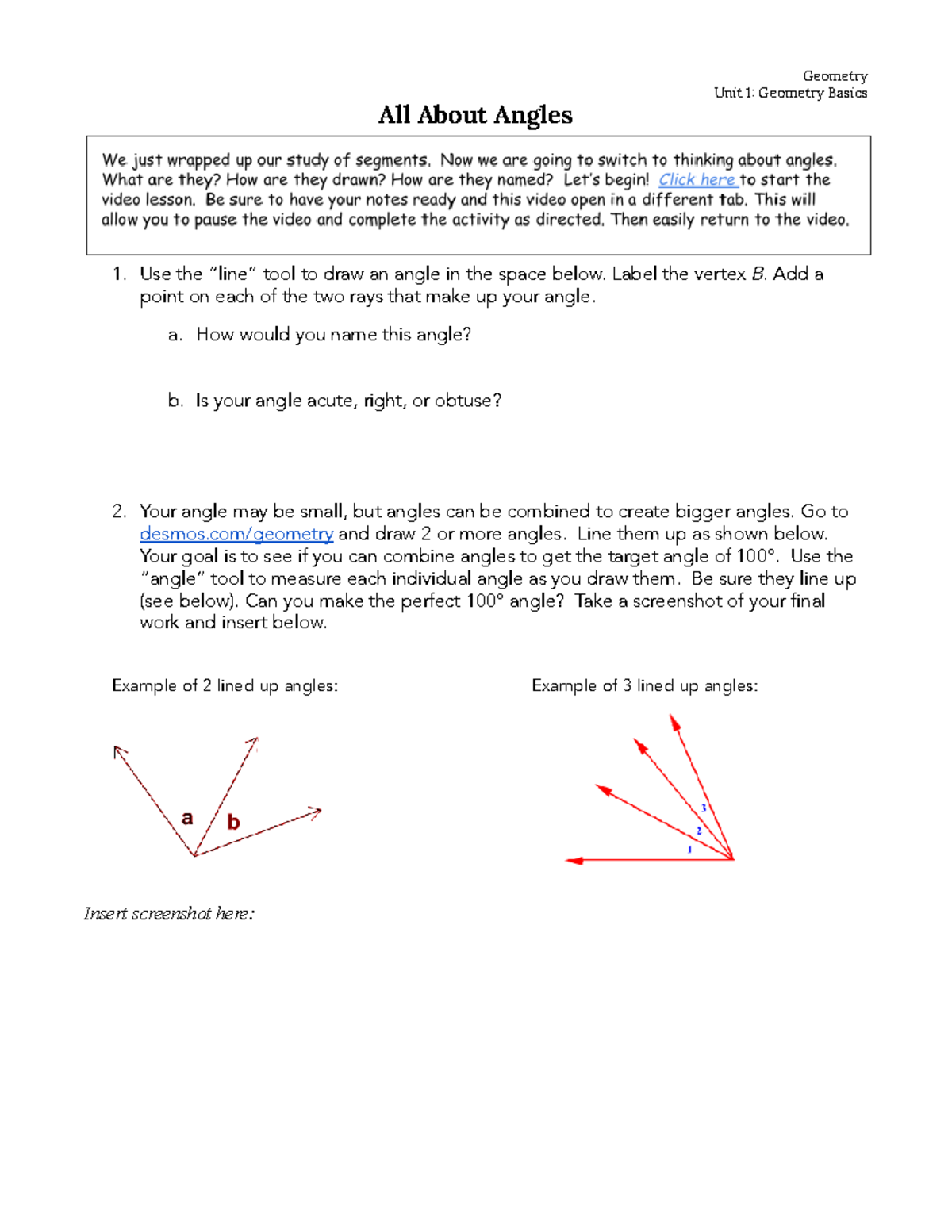 Geom Unit 1 Lesson 6 - All About Angles - Geometry Unit 1 Geometry