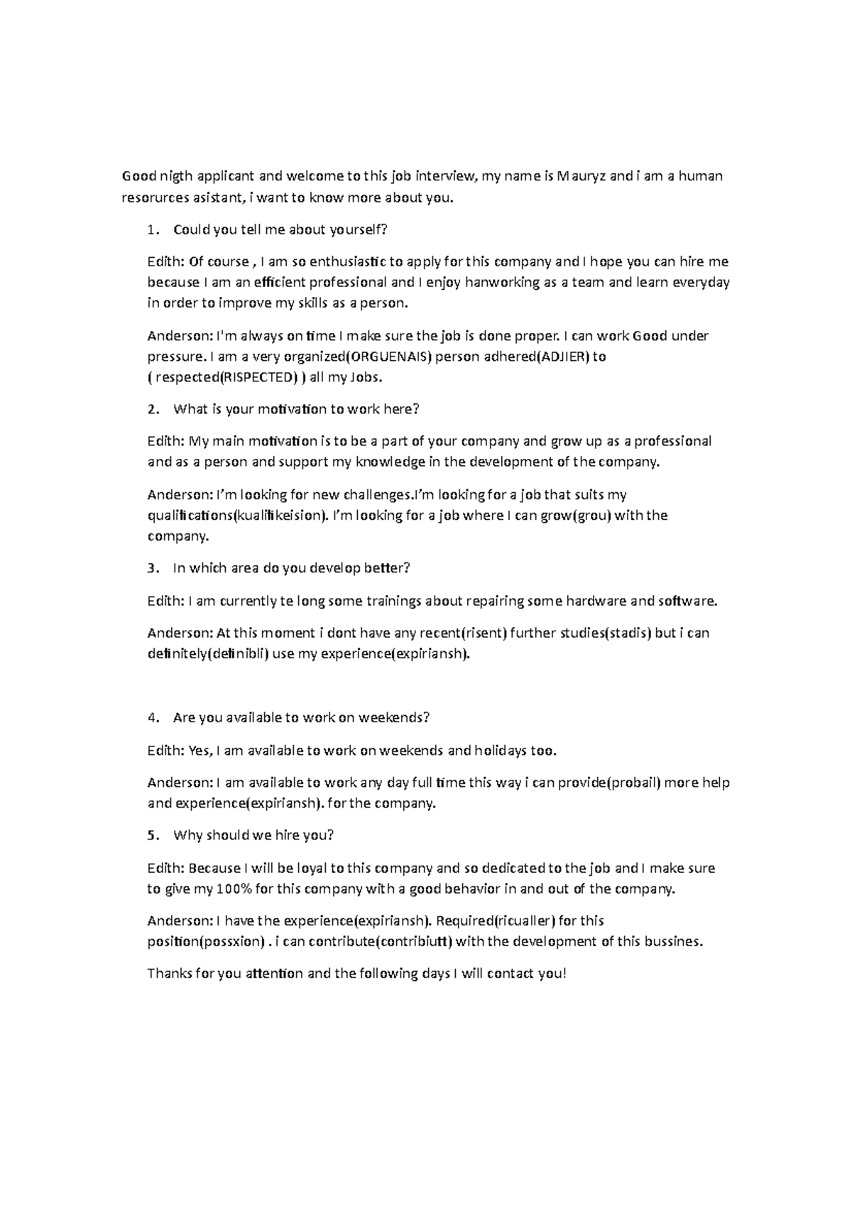 Task Assignment A job interview - Good nigth applicant and welcome to ...
