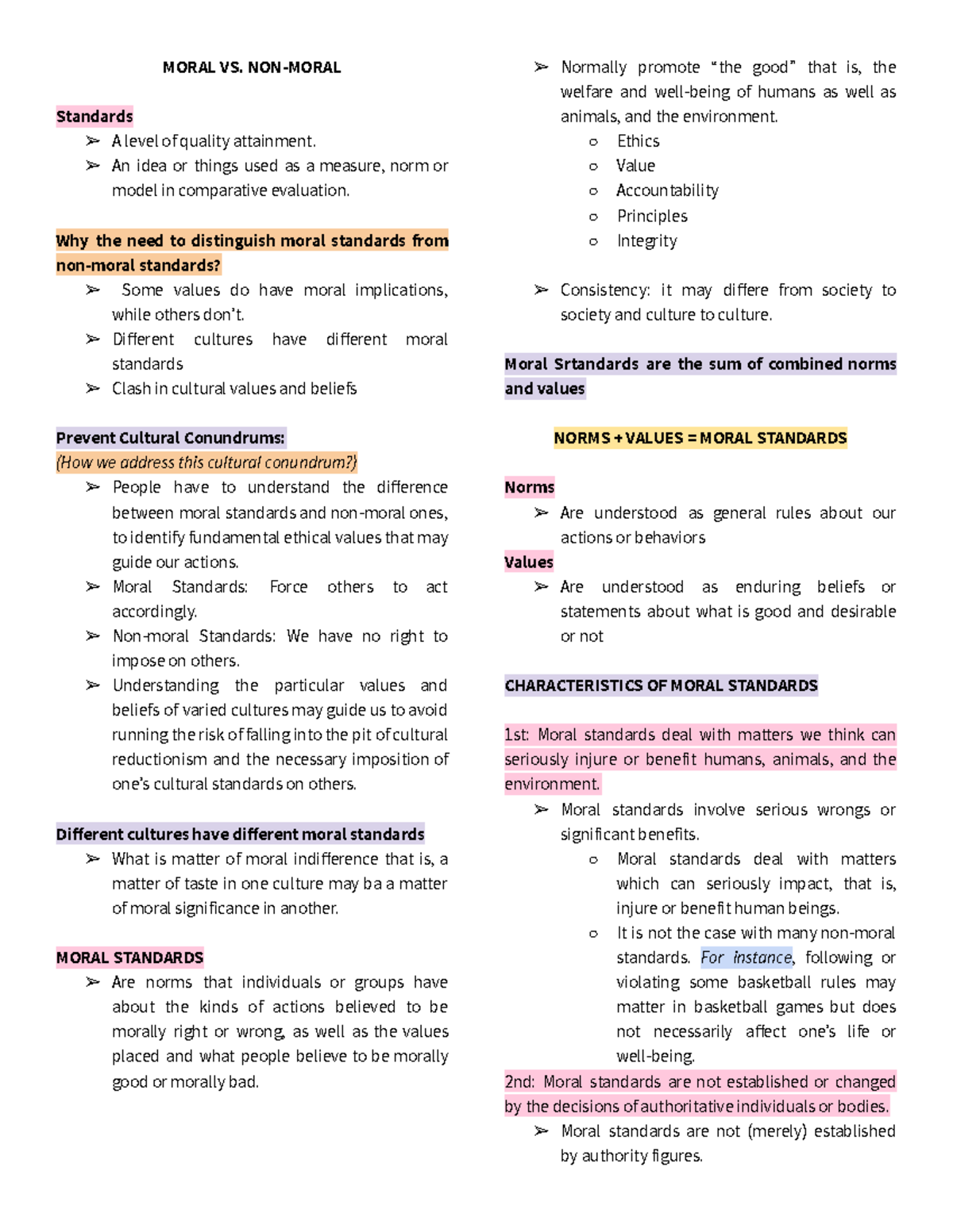 Ethics Notes - Moral VS. Nonmoral - MORAL VS. NON-MORAL Standards A ...