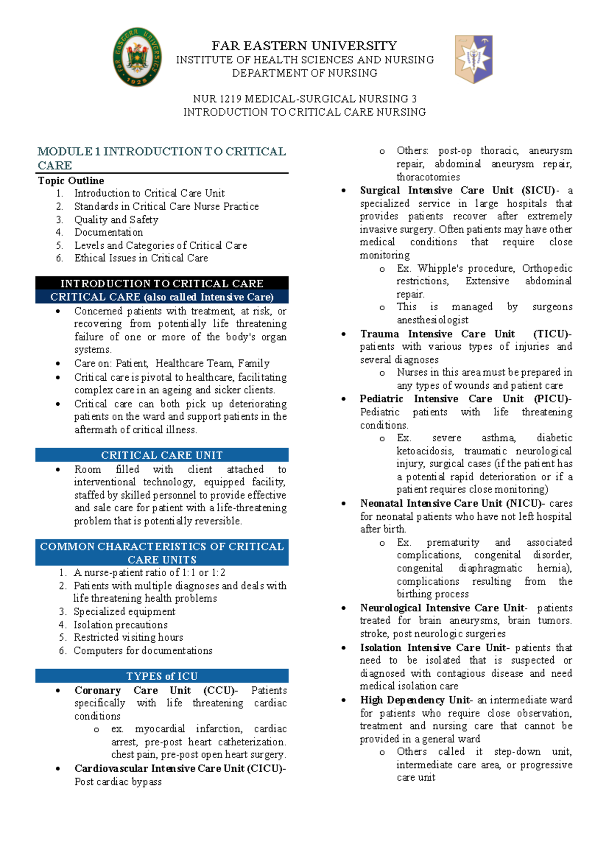 Module 1 Intro to Critical Care - FAR EASTERN UNIVERSITY INSTITUTE OF ...