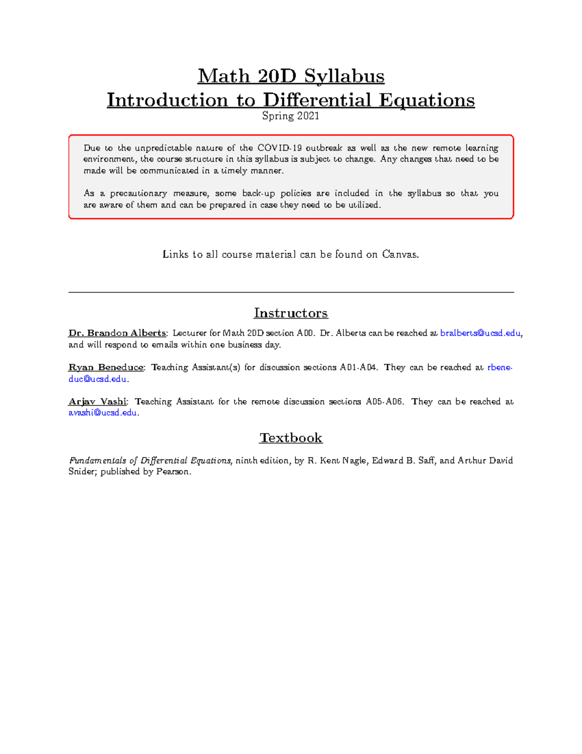 MATH 20D SP2021 syllabus Alberts, Brandon Math 20D Syllabus