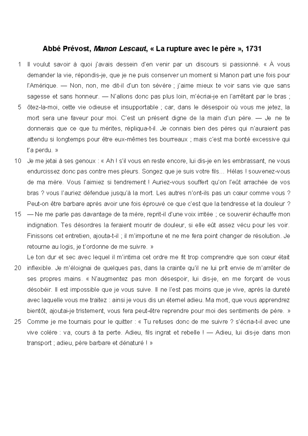 Manon Lescaut Rupture avec le père - Abbé Prévost, Manon Lescaut, « La ...