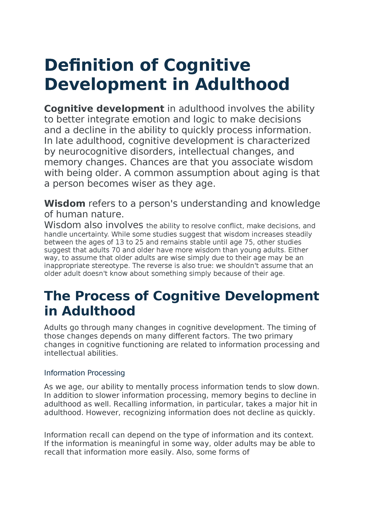 Define the term cognitive clearance development