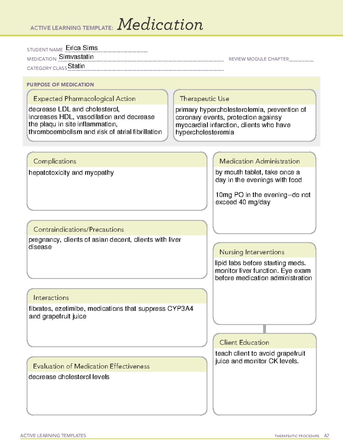 Simvastatin ATI template medication ACTIVE LEARNING TEMPLATES