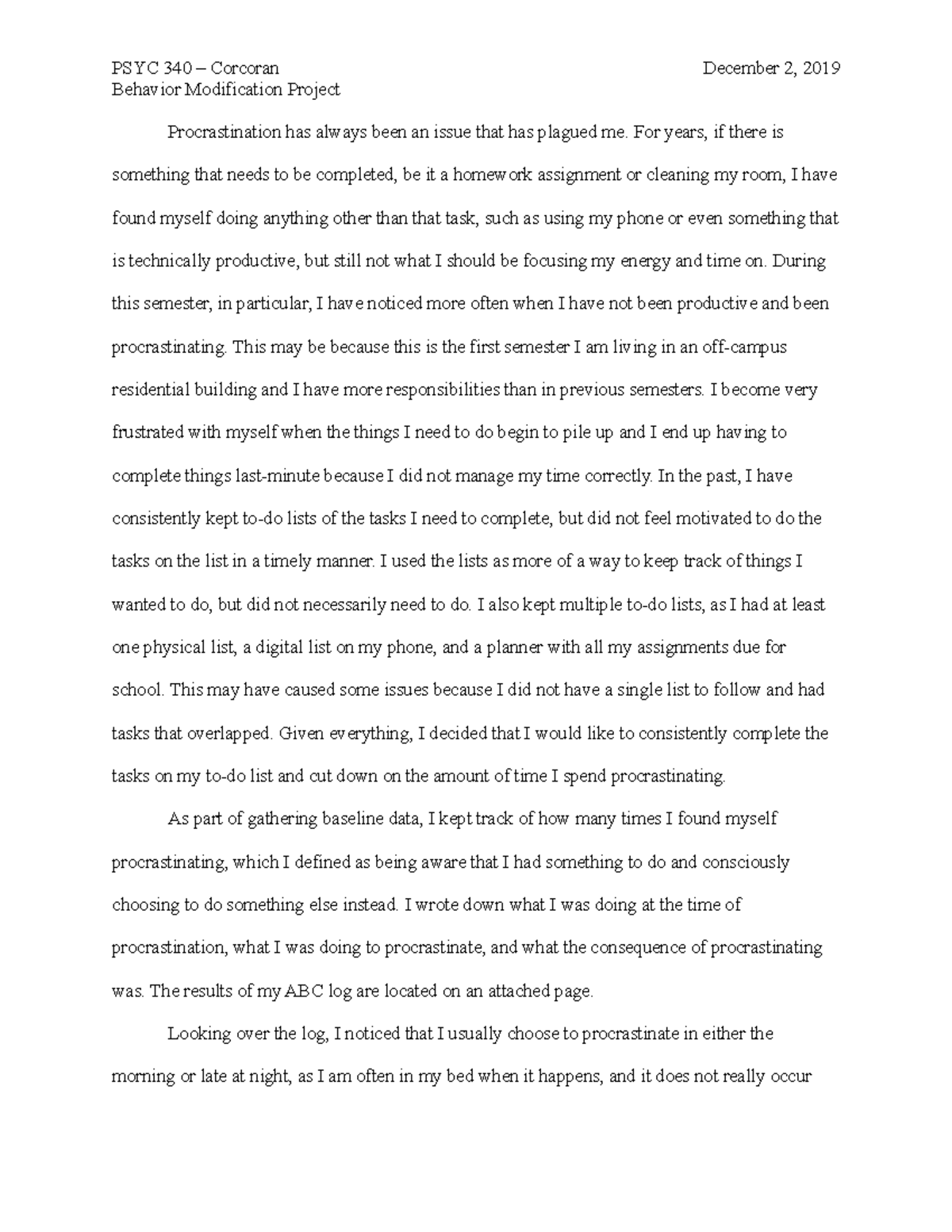Behavior Modification Project - PSYC 340 – Corcoran December 2, 2019 ...