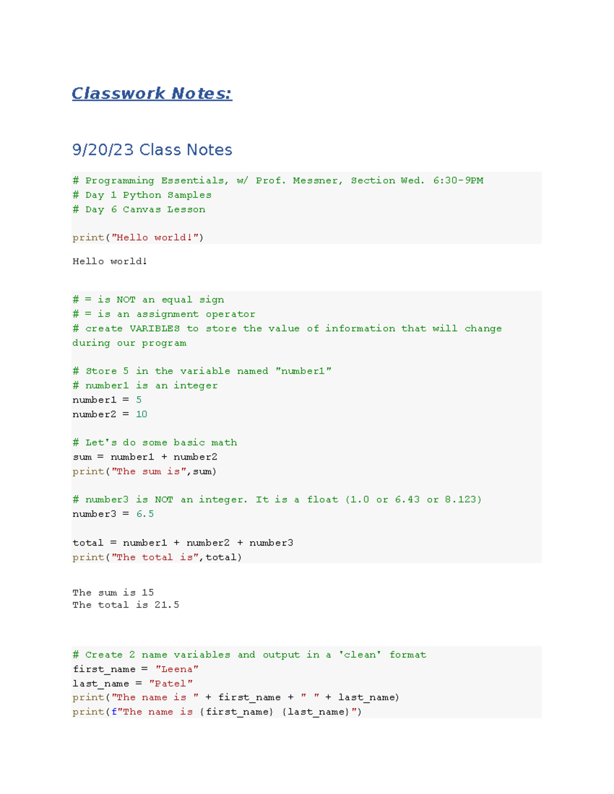Pro Ess Full Python Notes ( Includes Classwork AND Assignments AND ...