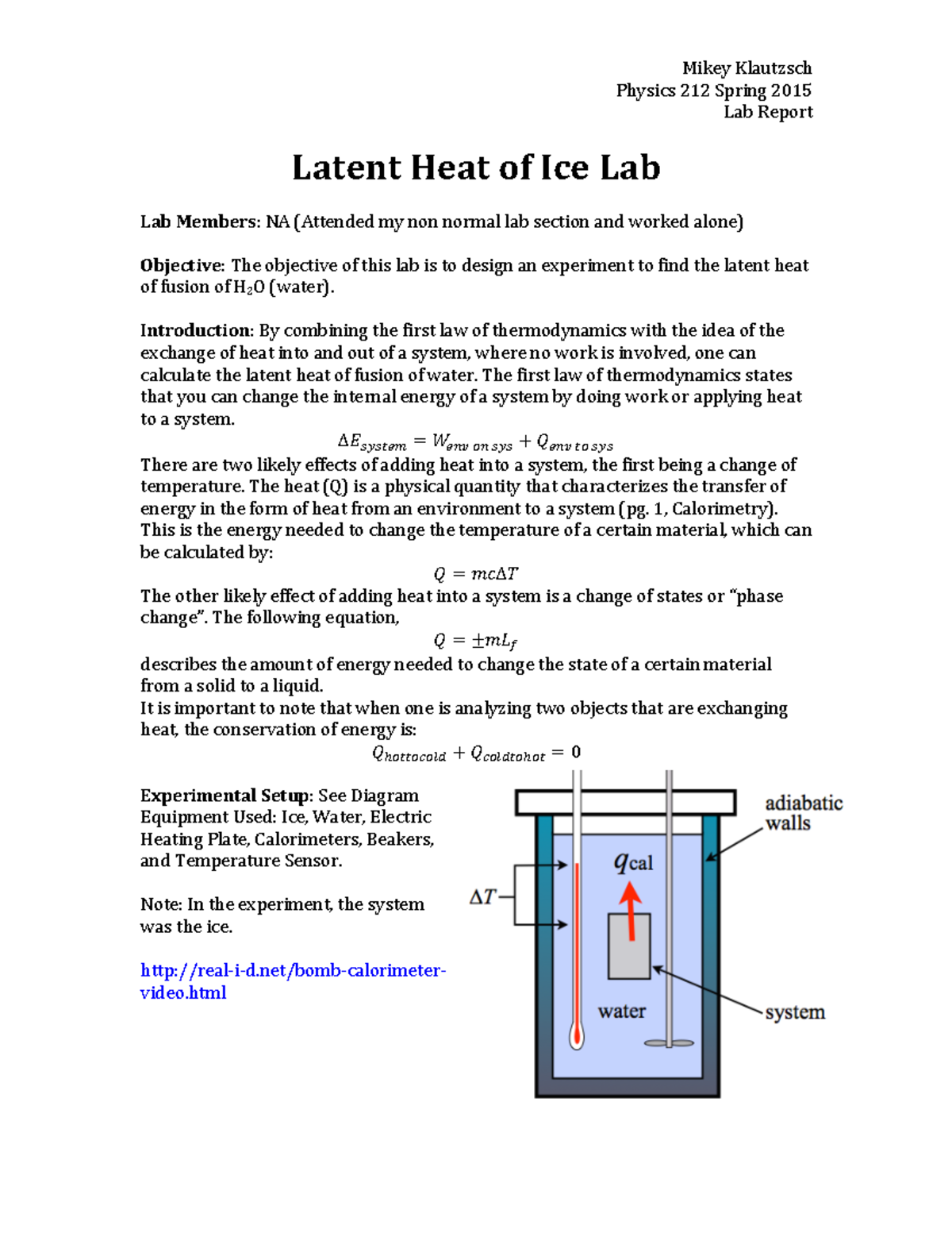 Ice Lab Ice Lab Mikey Klautzsch Physics 212 Spring Lab Report