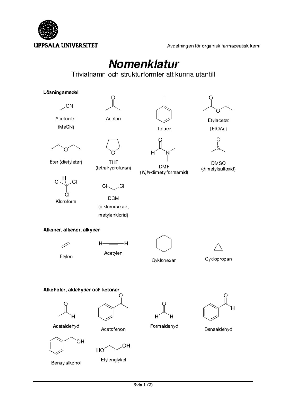 Trivialnamn Organisk Kemi 1KB413 Uppsala Universitet Studocu