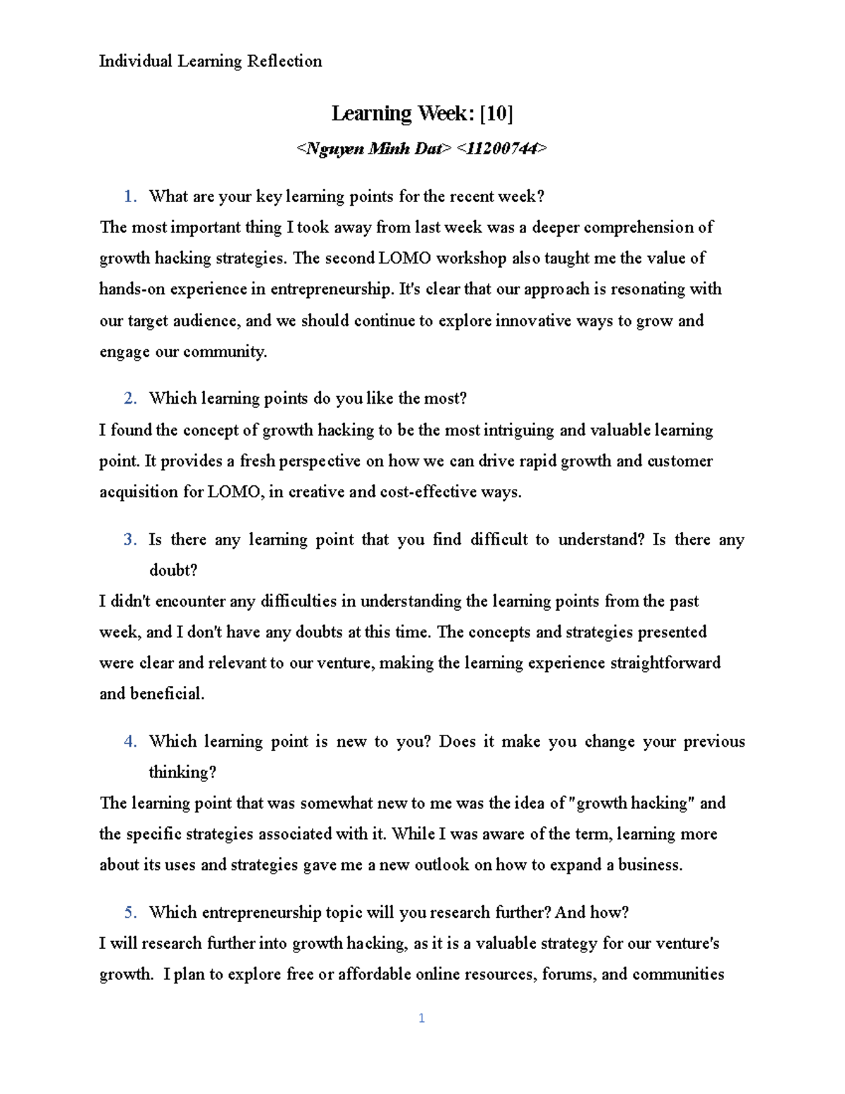 WEEK 10 - New venture - Individual Learning Reflection Learning Week ...