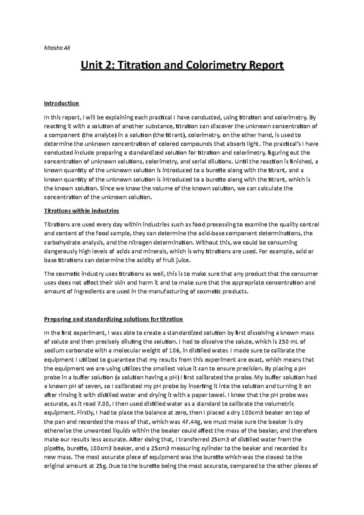 Unit 2 report - dont read its pass level - Maisha Ali Unit 2: Titration ...
