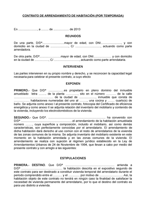 Modelo de contrato de arrendamiento de habitación por temporada - CONTRATO  DE ARRENDAMIENTO DE - Studocu