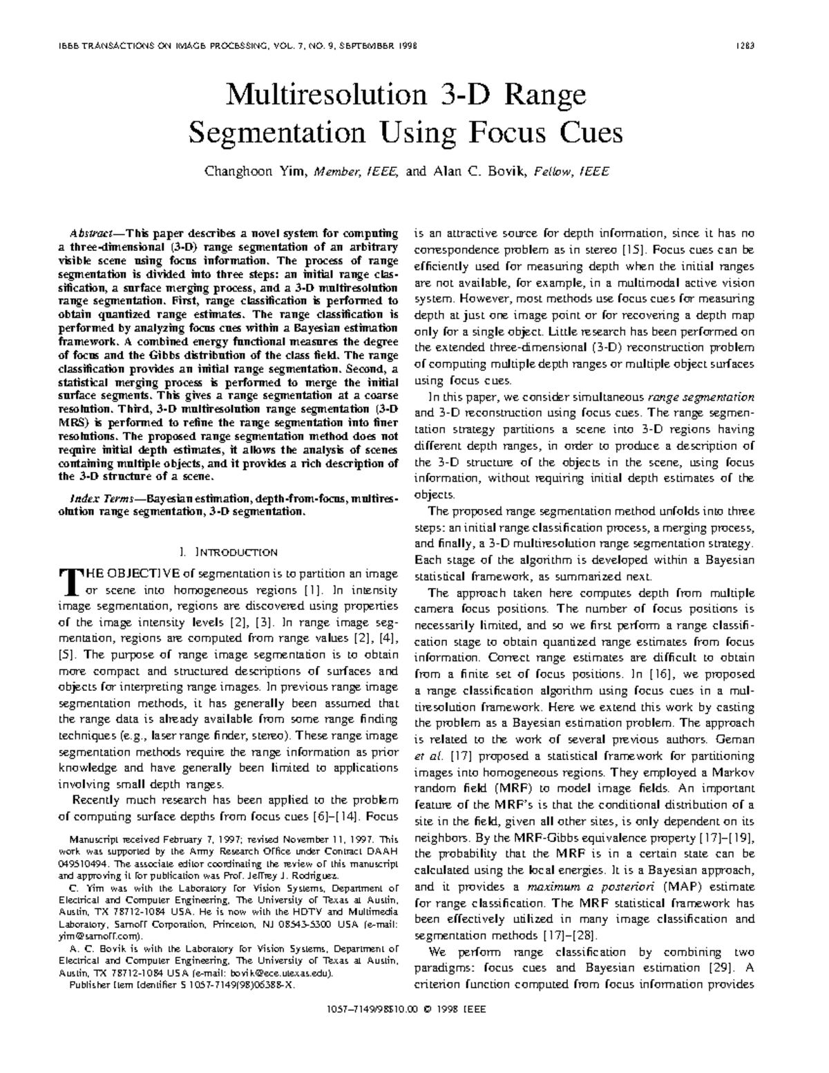Multiresolution 3-D Range - IEEE TRANSACTIONS ON IMAGE PROCESSING, VOL ...
