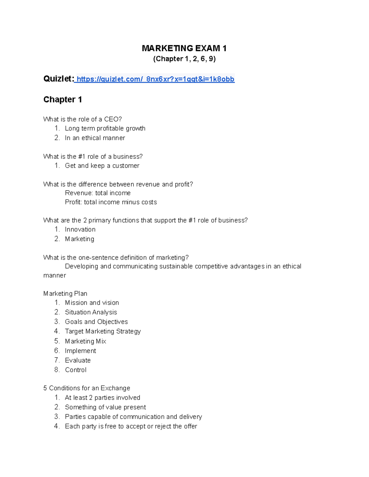 Marketing Final MARKETING EXAM 1 Chapter 1 2 6 9 Quizlet quizlet 