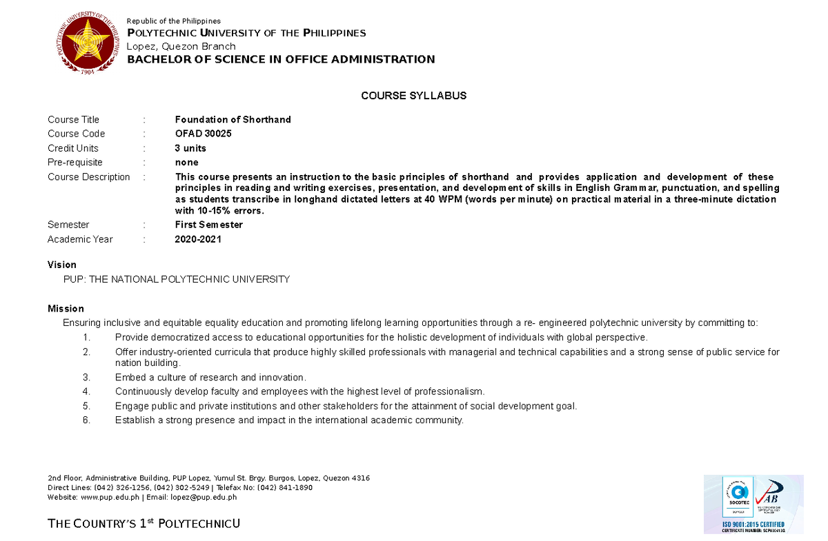 Syllabus OFAD 30025 Foundation of Shorthand COURSE SYLLABUS