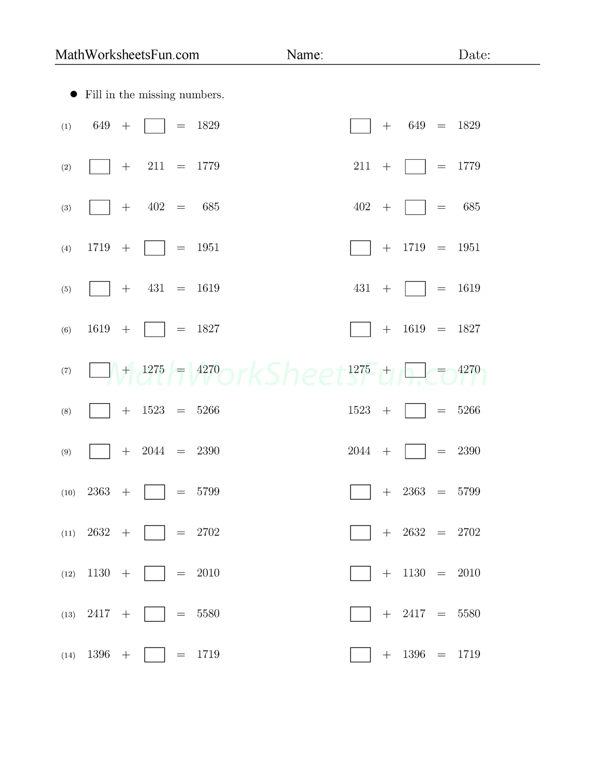 Adding with missing numbers (10) - Fill in the missing numbers. (1) 649 ...