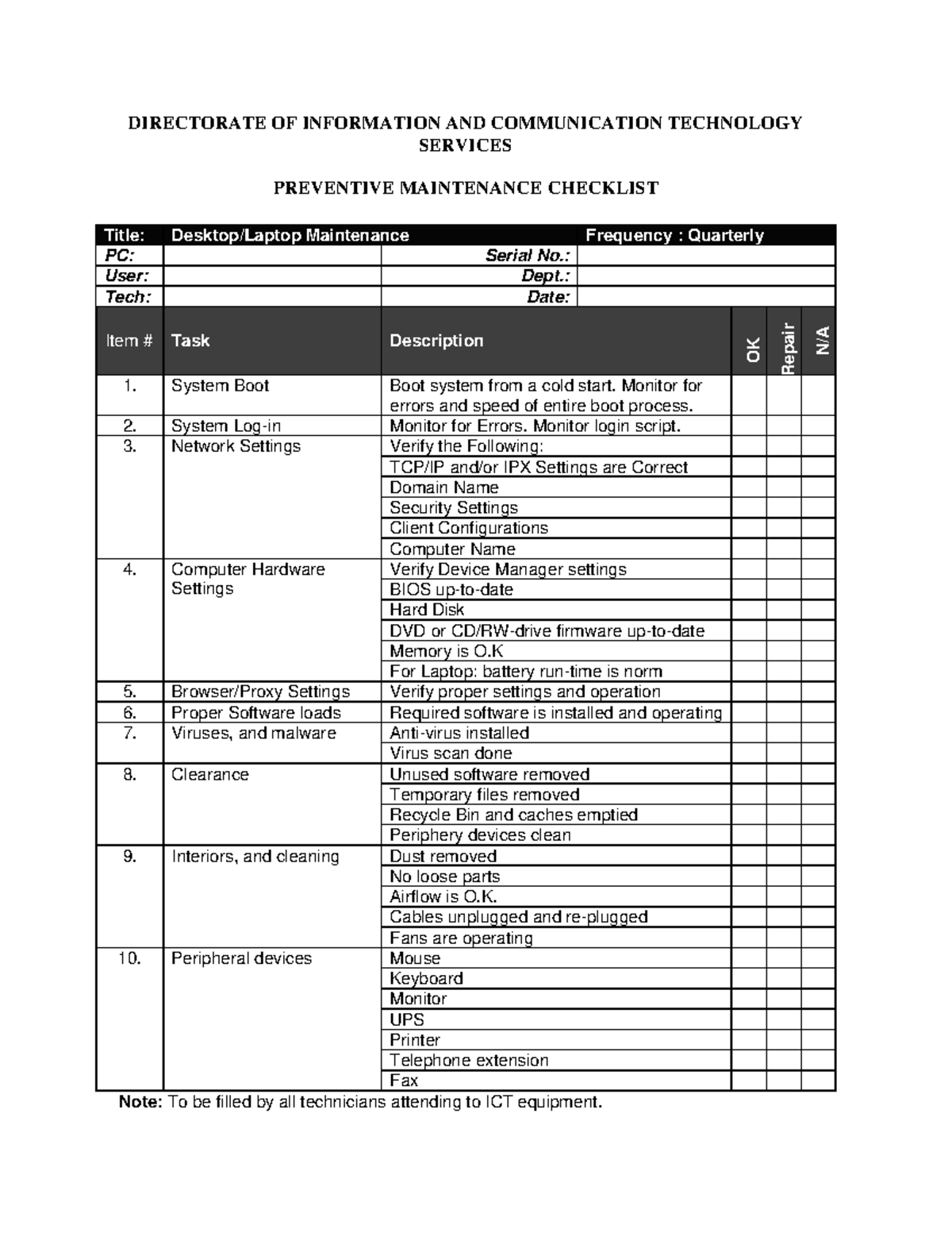 8714791 Preventive Maintenance Checklist DIRECTORATE OF INFORMATION