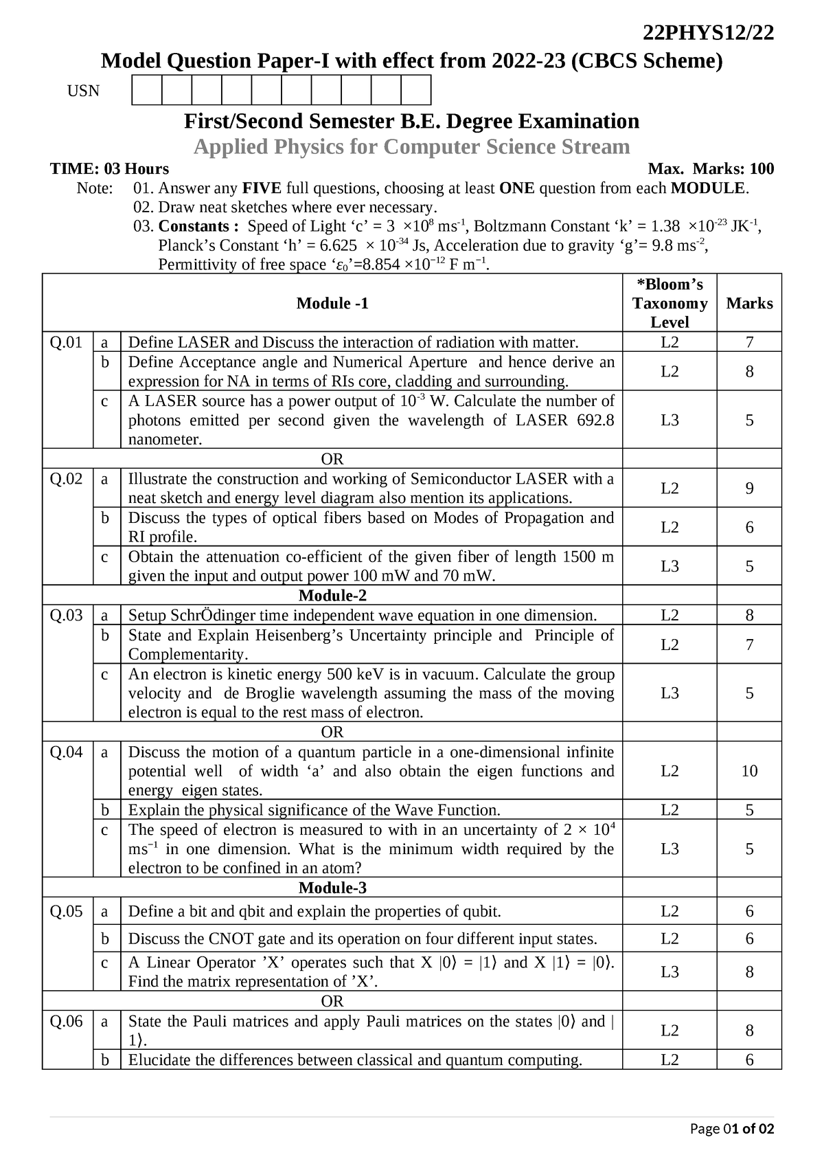 22PHYS12set1 - p cycle notes - 22PHYS12/ Model Question Paper-I with ...