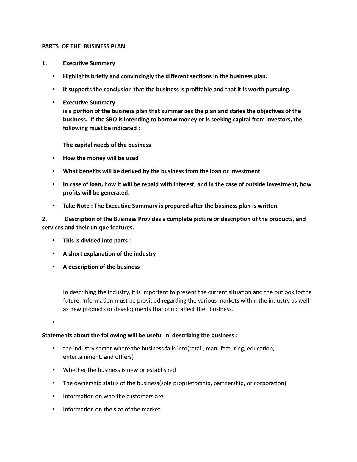 Parts OF THE Business PLAN PARTS OF THE BUSINESS PLAN Executive 