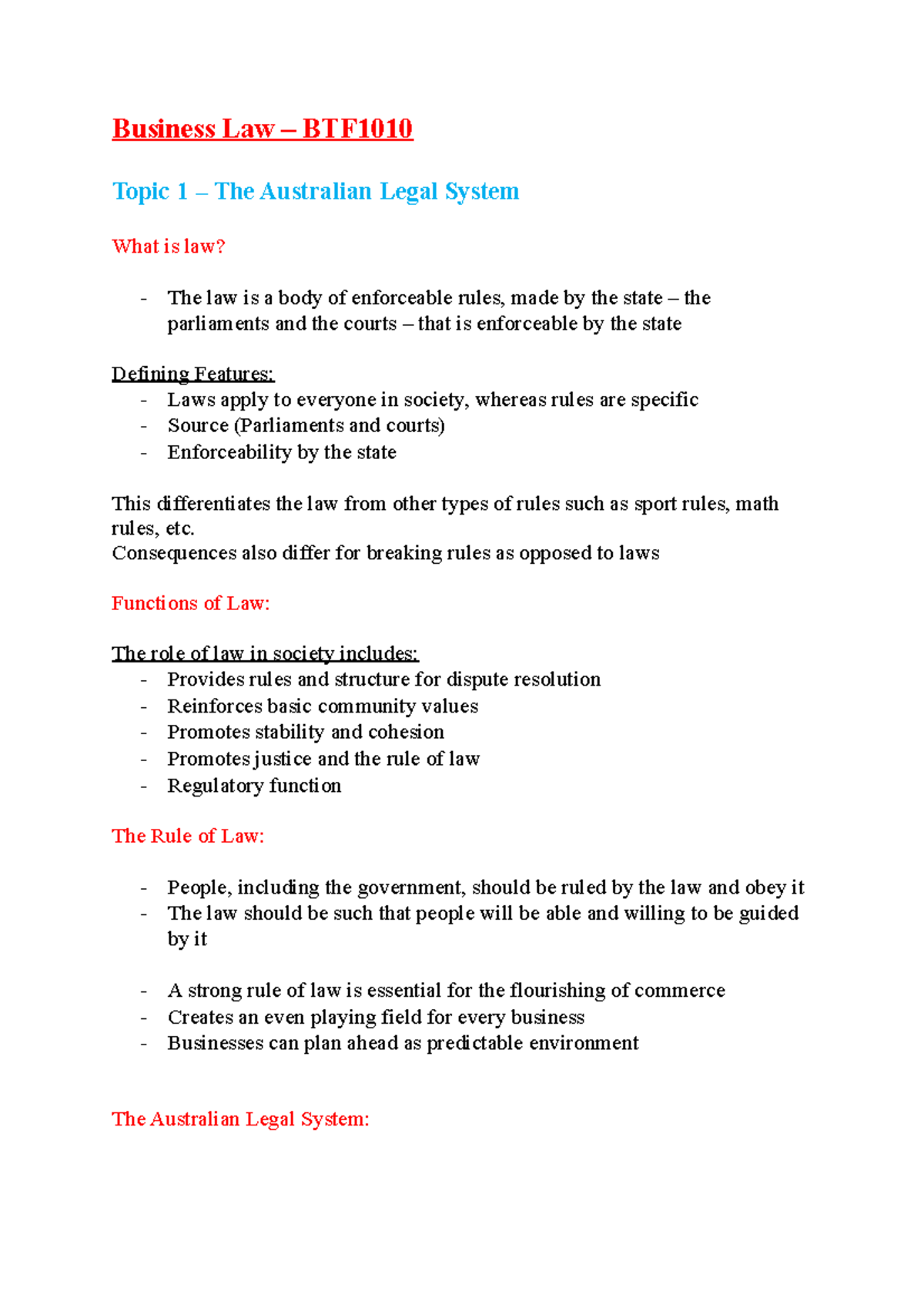 Notes BTF1010 Business Law - Business Law – BTF Topic 1 – The ...