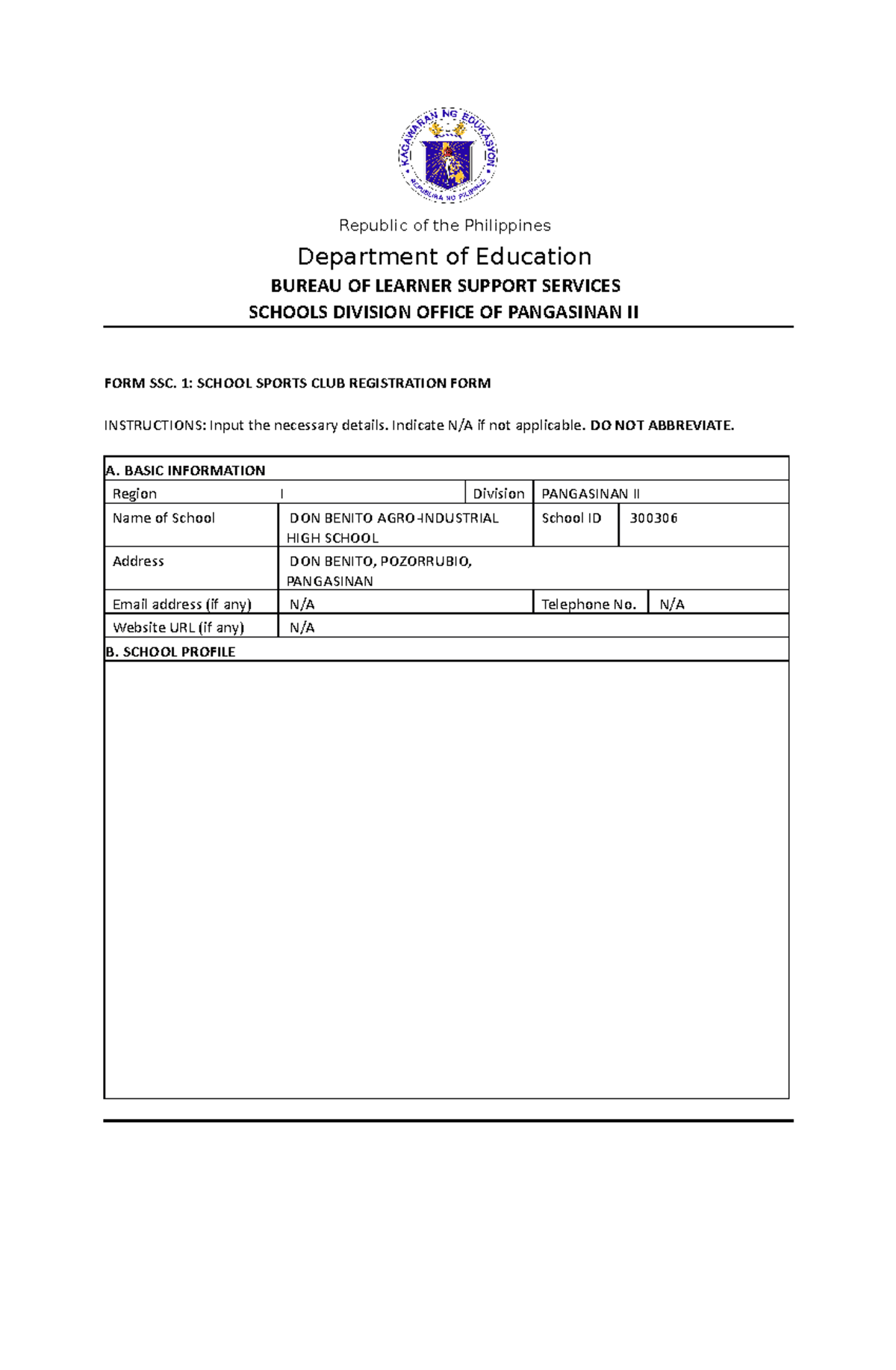 System Sports Republic of the Philippines Department of Education BUREAU OF