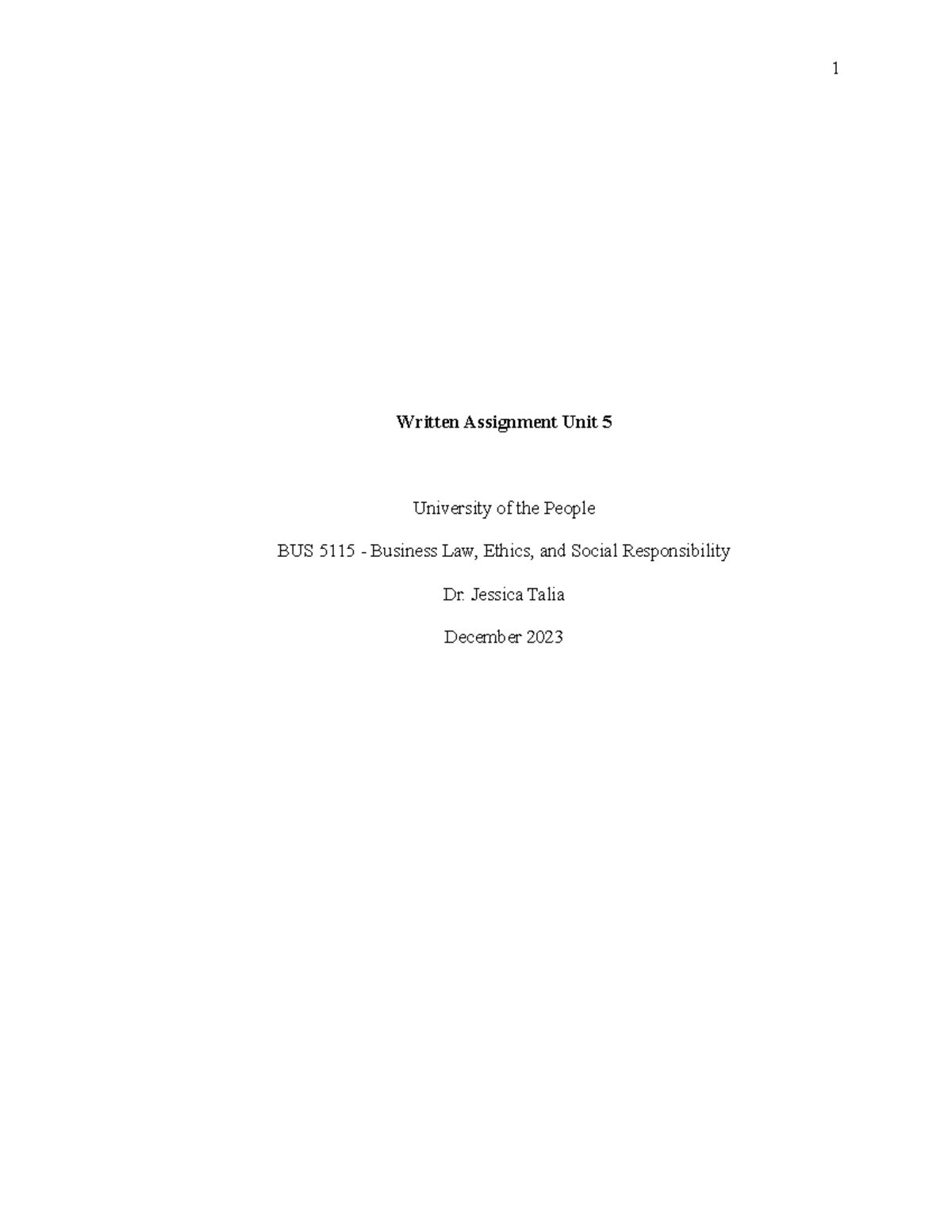 Unit5 WA - Written Assignment Unit 5 University of the People BUS 5115 ...