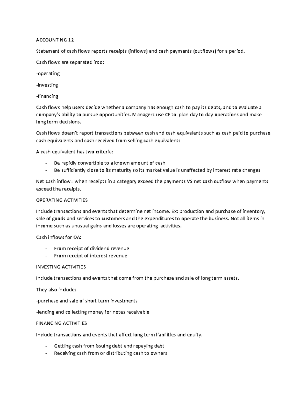 Accounting chapter 12 ACCOUNTING 12 Statement of cash flows reports