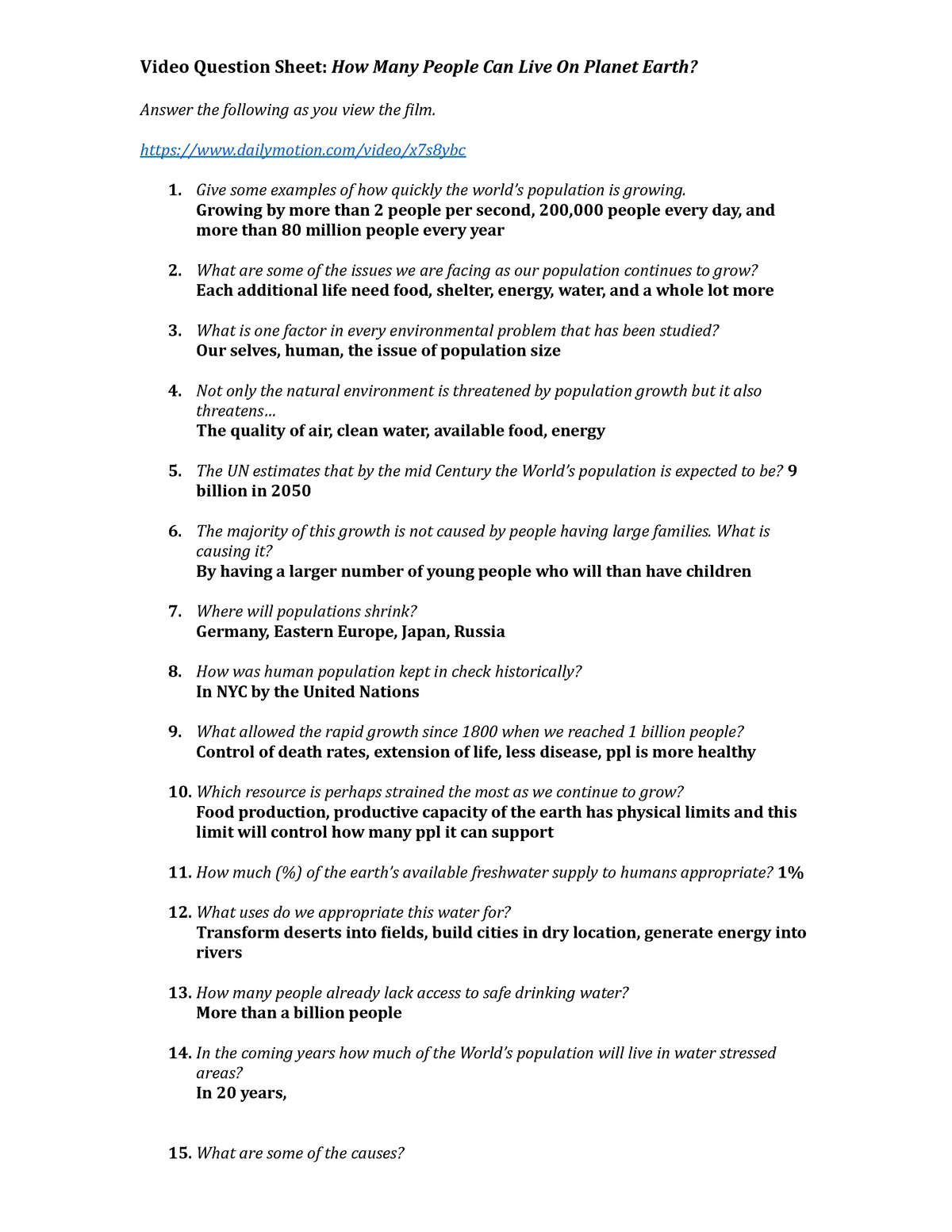 How Many People Can Live on Planet Earth - Video questions - GEOG Within Planet Earth Freshwater Worksheet