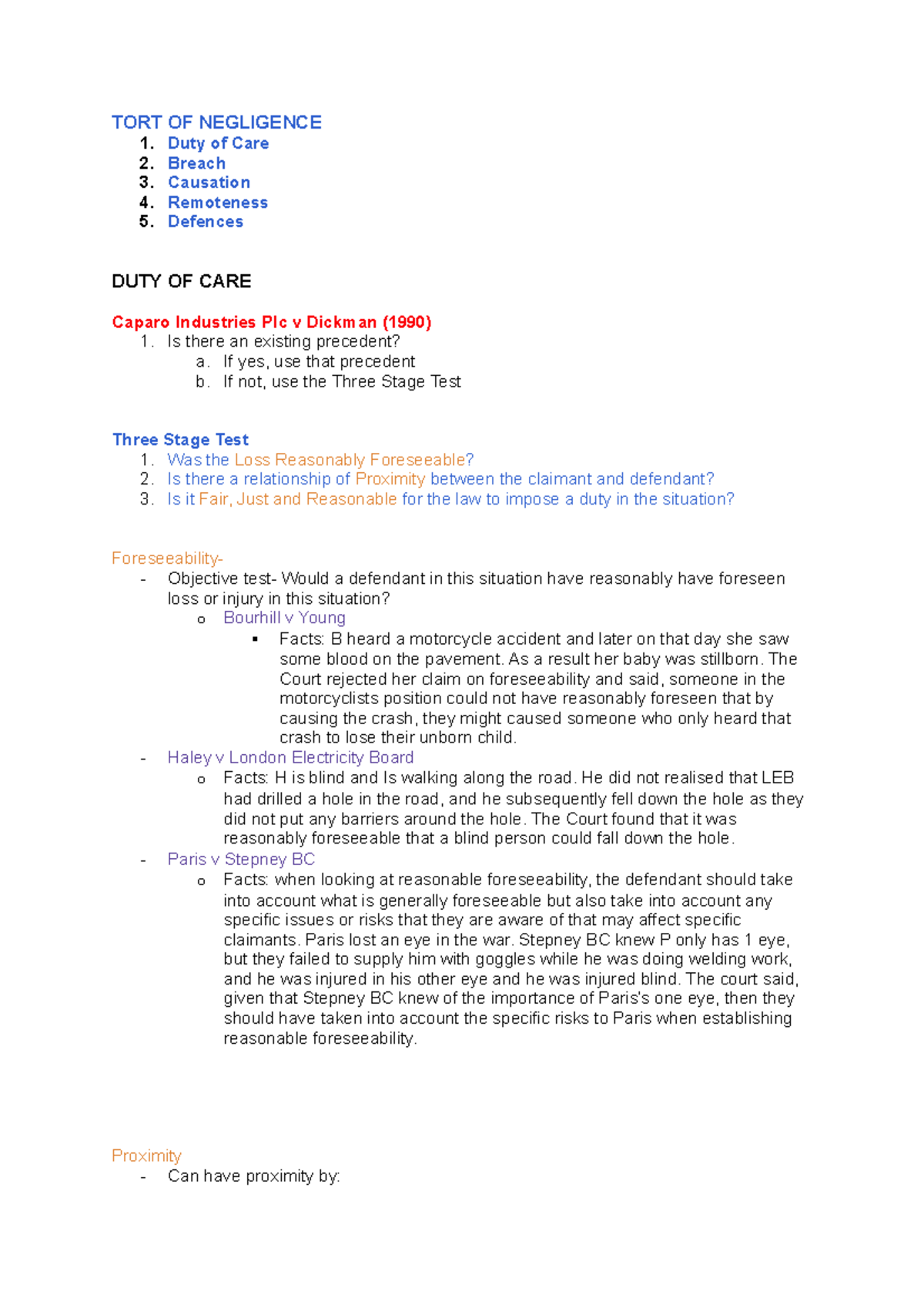 DOC - Lecture notes 1-7 - TORT OF NEGLIGENCE 1. Duty of Care 2. Breach ...
