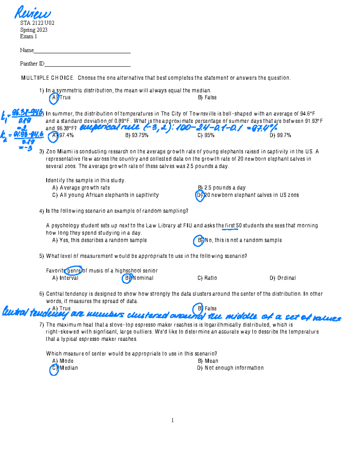 Exam 1 Review - STA 2122 U Spring 2023 Exam 1 Name ...