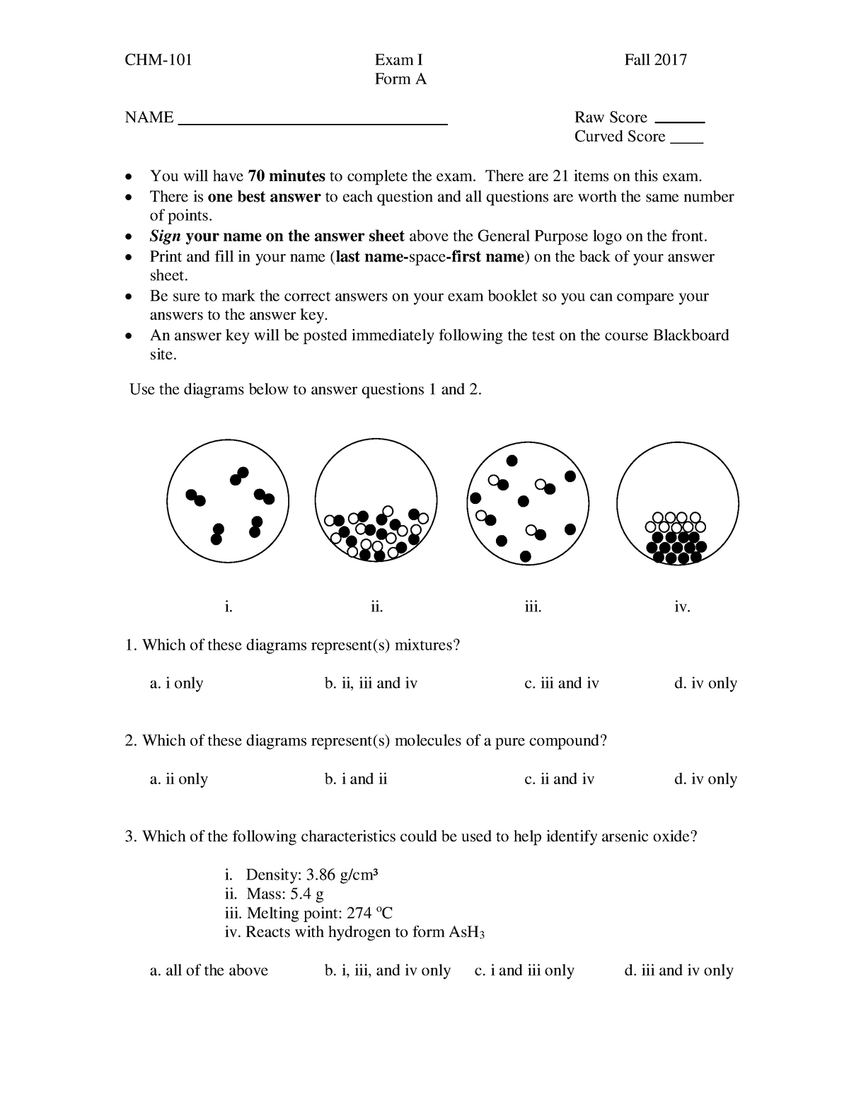 Exam+1+Spring+2017 +Version+A Final - CHM-101 Exam I Fall 2017 Form A ...