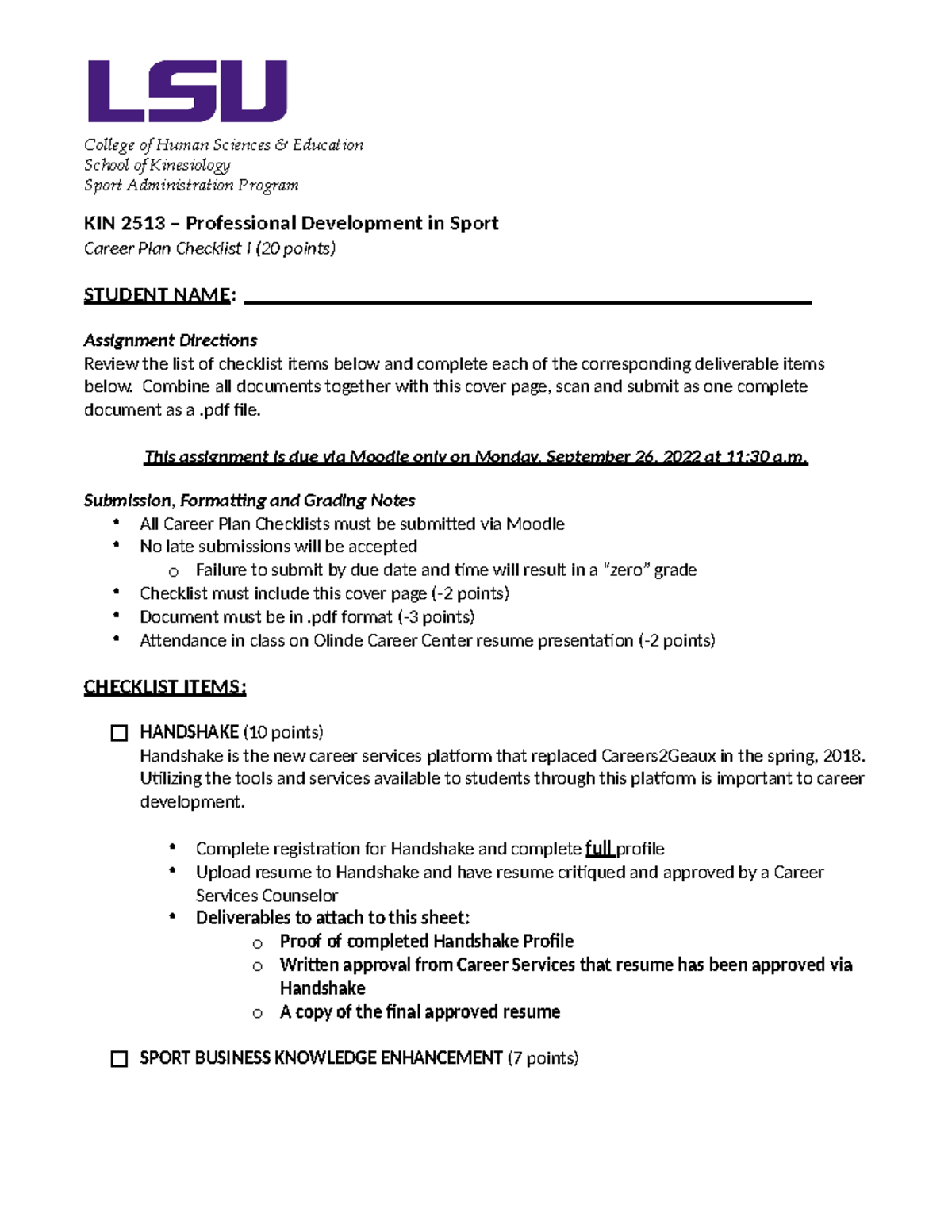 Career Plan Checklist (official) WITH (1) School of Kinesiology Sport