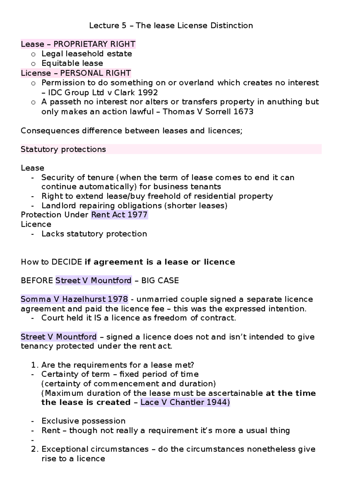 Lecture 5 - xxx - Lecture 5 – The lease License Distinction Lease ...