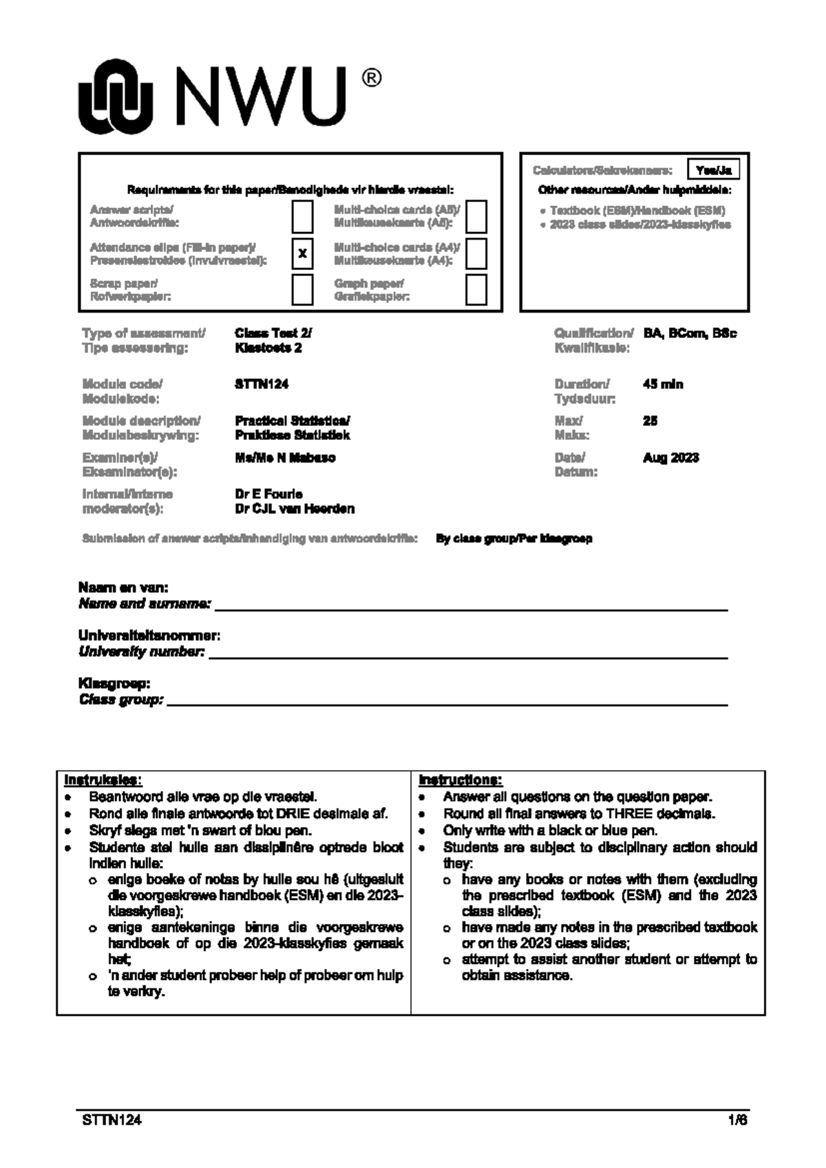 STTN124 2023 Class Test 2 MEMO - W NWU R Calculators/Sakrekenaars: Yes ...