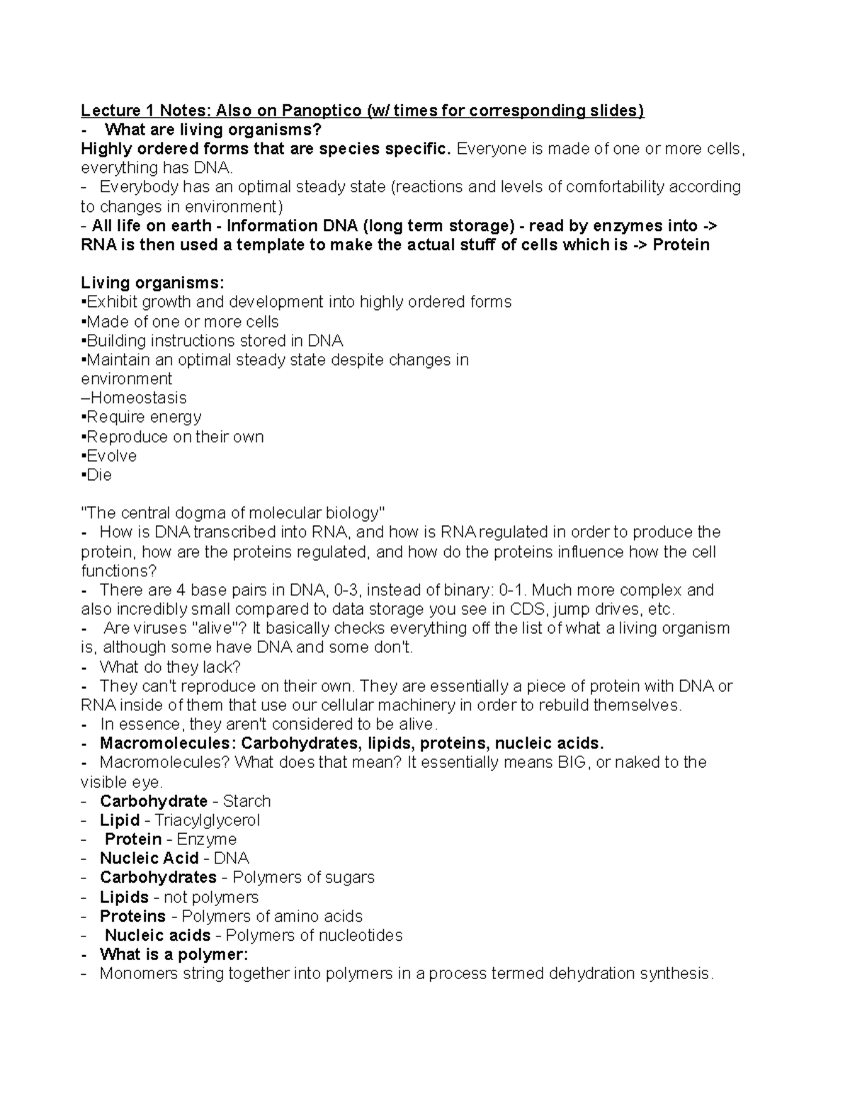 BIO120 Lecture Notes for entire term - **Lecture 1 Notes: Also on ...