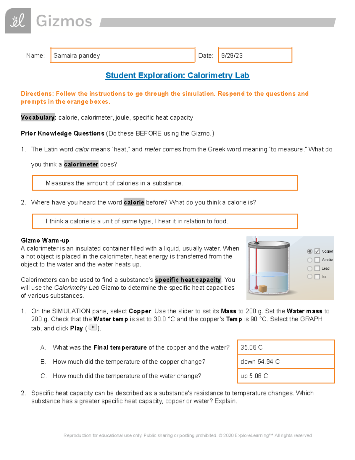 Copy of Calorimetry Lab SE Name Samaira pandey Date 9/29/ Student Exploration Calorimetry