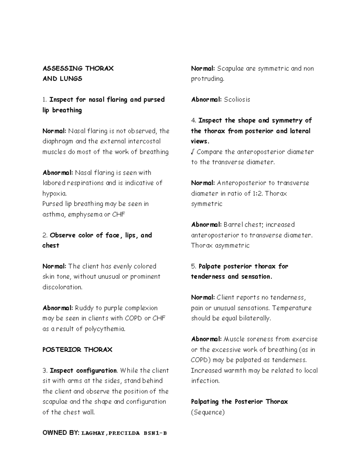 HA Review PART 3 ASSESSING THORAX AND LUNGS Inspect for nasal flaring