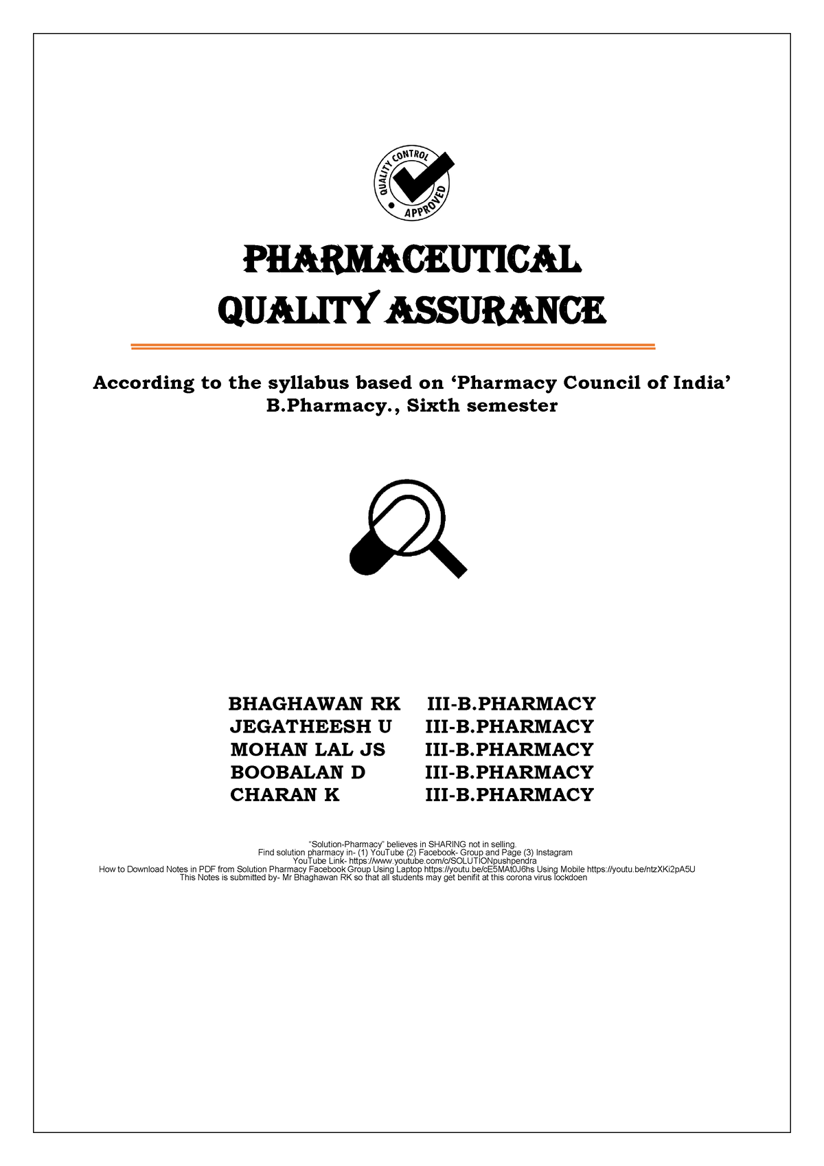 Pharmaceutical Quality Assurance - B. Pharmacy - TNMGRMU - Studocu