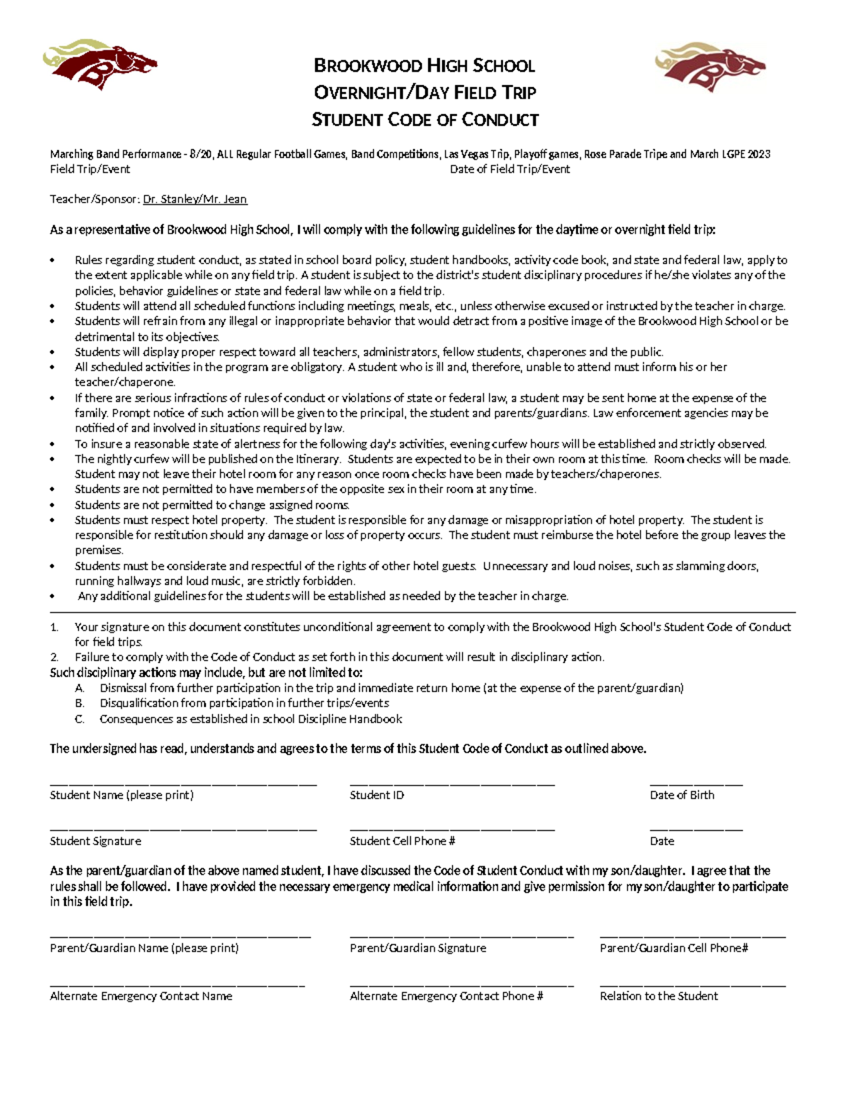 Student Code of Conduct Overnight AND DAY TRIP 202223 BROOKWOOD HIGH