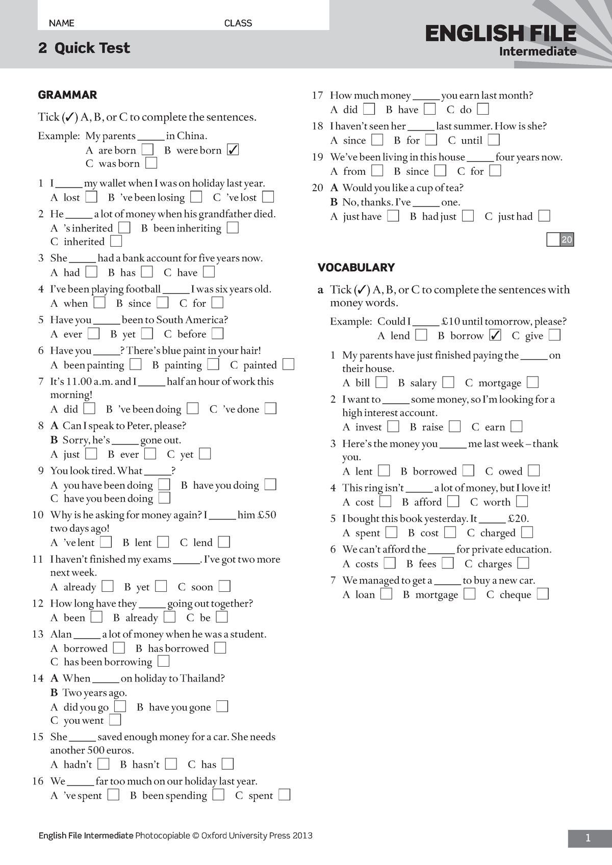 Ef3e Int Quicktest 02 - English File Intermediate Photocopiable ...