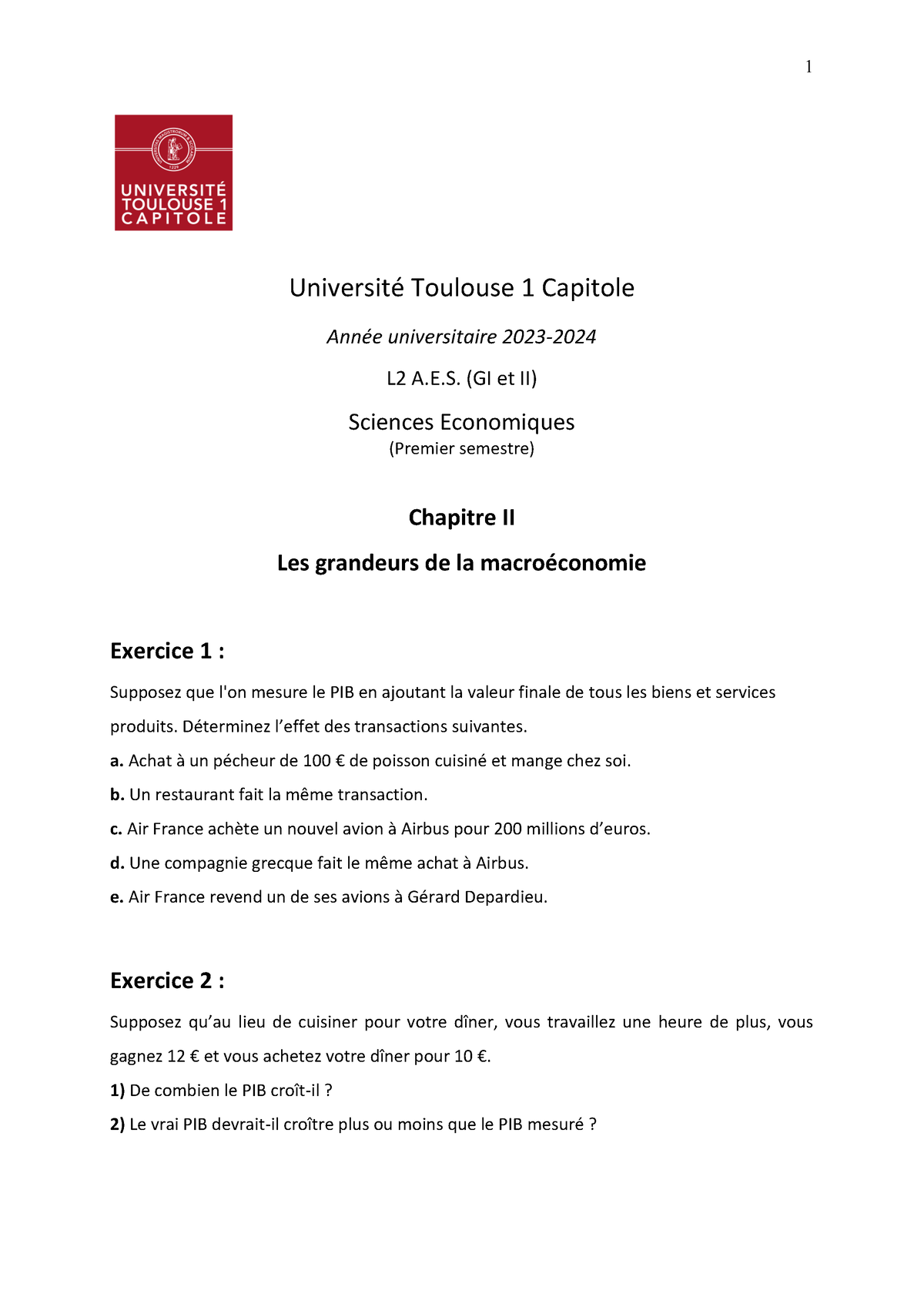 TD Eco S3 - Asa - Université Toulouse 1 Capitole Année Universitaire 20 ...