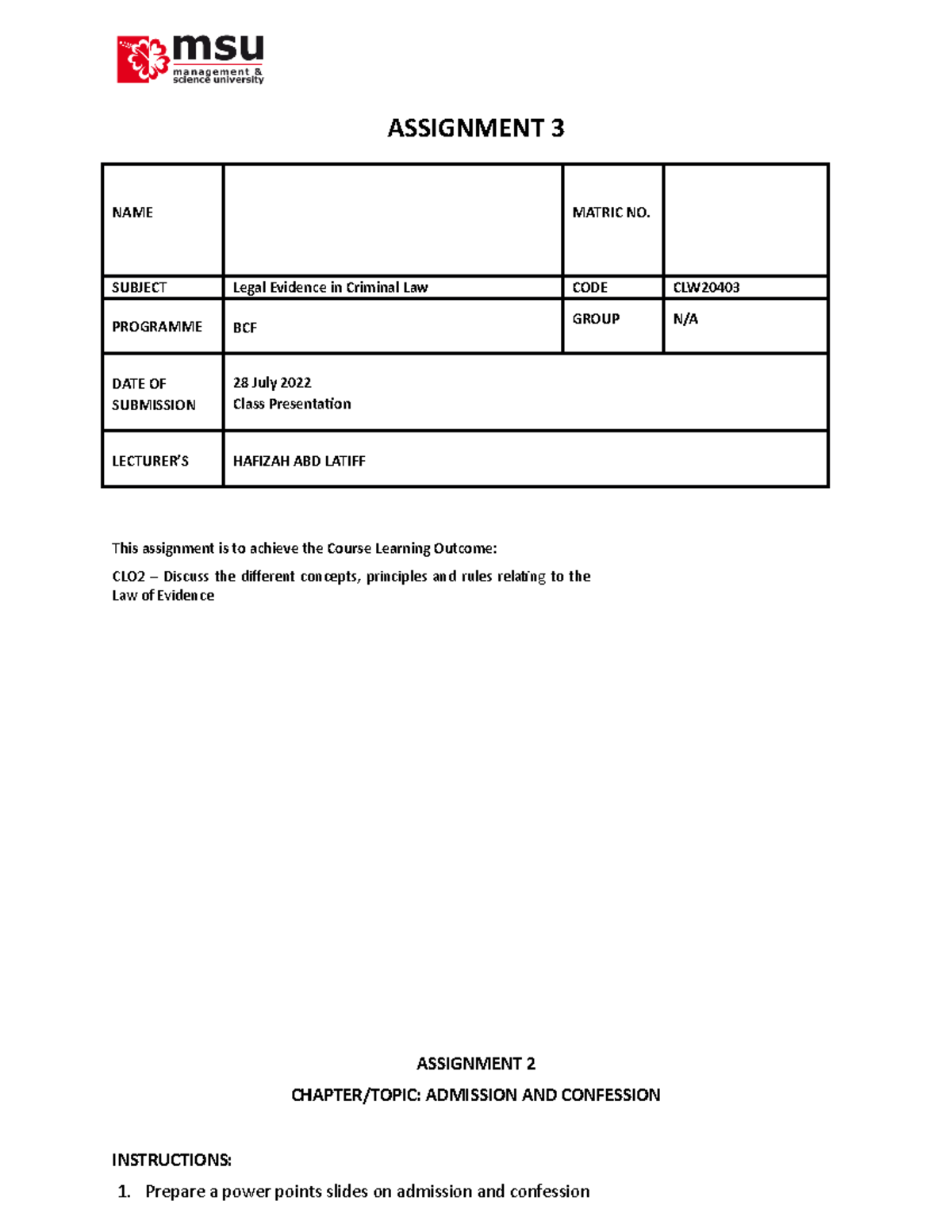 clw20403-a3-law-assignment-3-name-matric-no-subject-legal-evidence