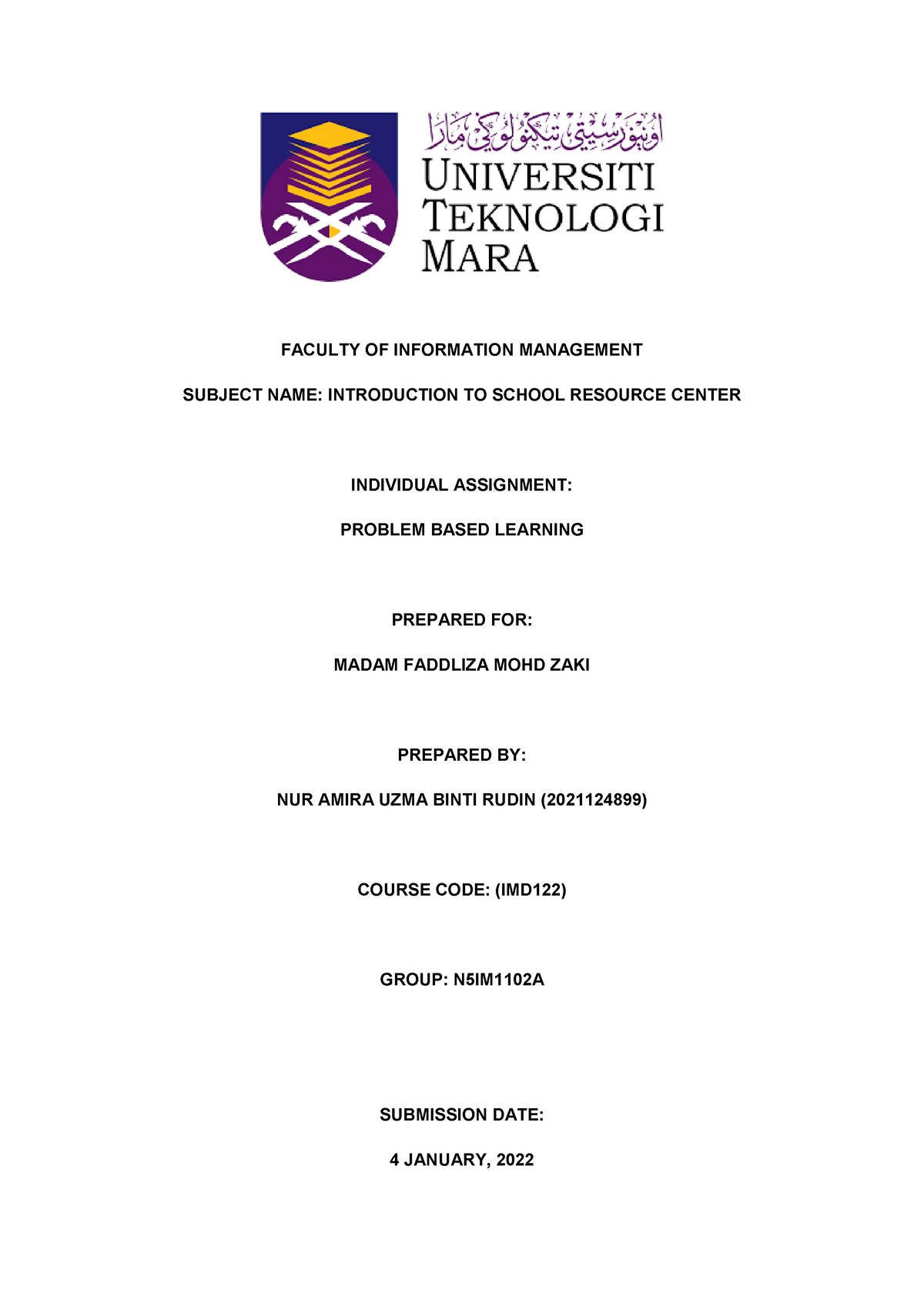 (IQPSS) PROBLEM BASED LEARNING IMD122 - FACULTY OF INFORMATION ...