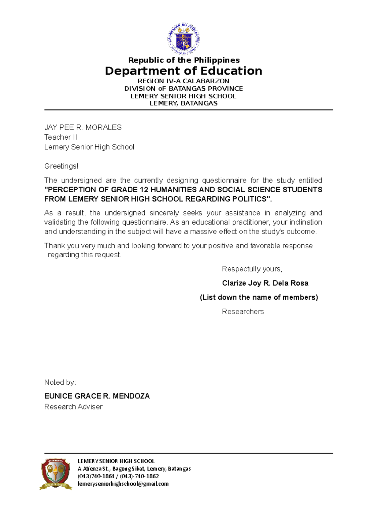 Letters Practical Research 2 Group 1 - Republic of the Philippines ...
