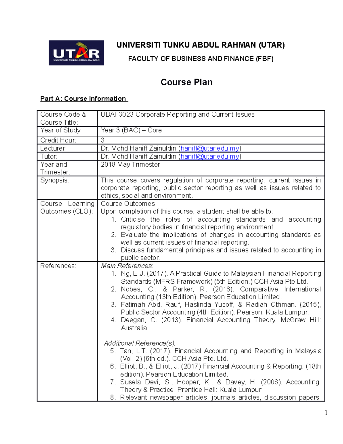 Course Plan for Umba2023``` - UNIVERSITI TUNKU ABDUL RAHMAN (UTAR ...
