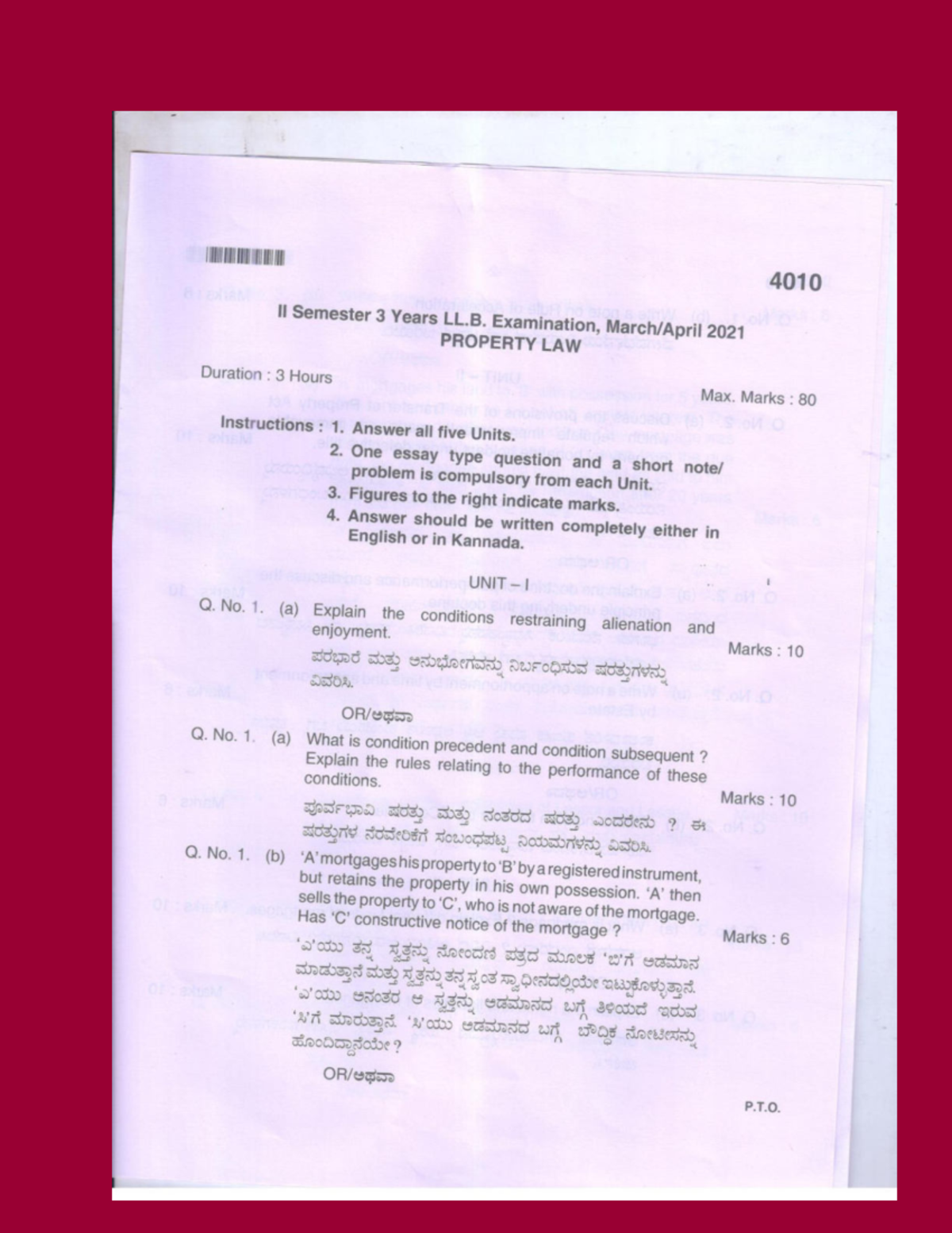 Property Law question paper - 4010 II Semester 3 Years LL. Examination ...